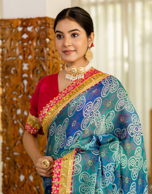Satrani Printed, Embellished, Embroidered Bandhani Chiffon, Georgette Saree(Multicolor)