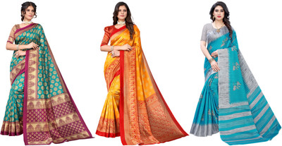 ANIRAV Woven Bhagalpuri Art Silk Saree(Pack of 3, Blue, Yellow, Grey)