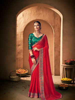 Divastri Solid/Plain Banarasi Georgette Saree(Red)