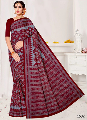 Tareni Printed Sambalpuri Pure Cotton Saree(Black, Grey)