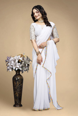 saanvi Solid/Plain, Self Design, Embroidered Bollywood Georgette Saree(White)