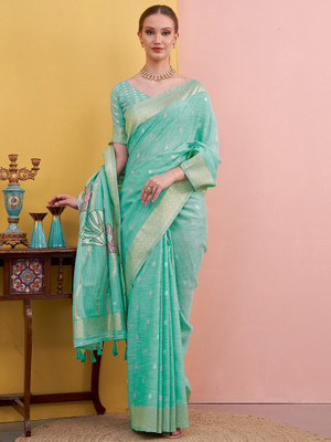 Tasrika Woven Hand Batik Linen Saree(Light Blue)