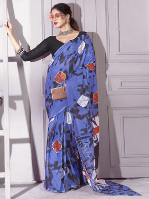 Anouk Rustic Printed Pre Draped Saree Cotton Blend Saree(Blue)