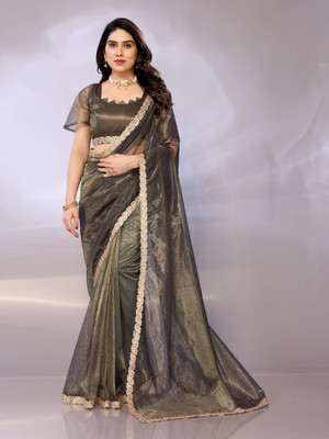FABMORA Embellished Bollywood Net Saree(Green)