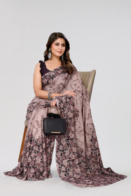Nirvaan Floral Print Bollywood Georgette Saree(Brown)