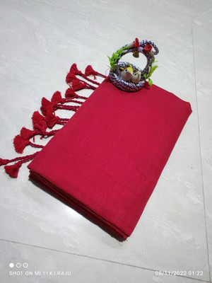 MA TARA TEXTILES ROHIT Solid/Plain Bollywood Chanderi Saree(Red)