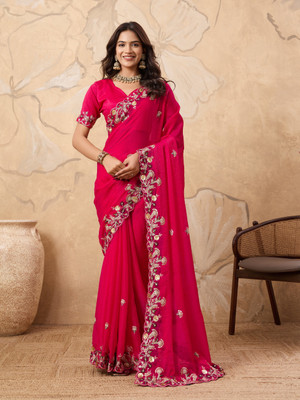 BHAGYAVATI DESIGNER Embroidered, Floral Print Bollywood Chiffon Saree(Pink)
