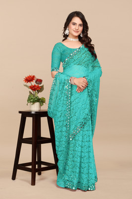 MAA CREATION Floral Print Bollywood Net Saree(Green)
