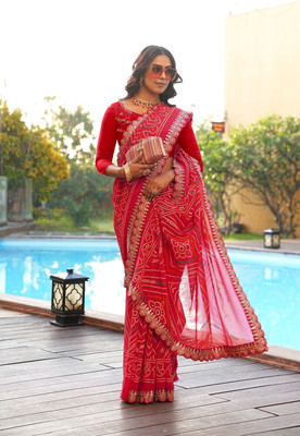 DUMRU TRENDZ Self Design Bandhani Georgette Saree(Red)