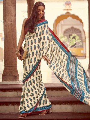 Sareemall Printed Daily Wear Crepe Saree(Cream)