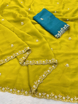 saanvi Solid/Plain, Self Design, Embroidered Bollywood Jimmy choo, Chiffon Saree(Yellow)