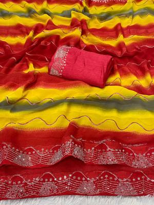 FABGEETRAJ Embellished Leheria Chiffon Saree(Multicolor)