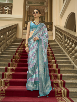 Elora Printed Saree with Attached Blouse Silk Blend Saree(Light Blue)