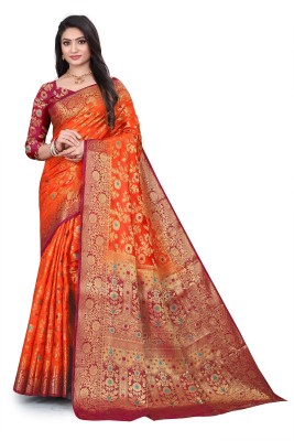 K D F Embellished, Woven Kanjivaram Silk Blend, Jacquard Saree(Orange)