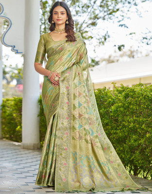 all about you Woven, Embellished Banarasi Silk Blend Saree(Multicolor, Green)