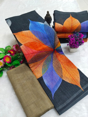 HouseOfCommon Floral Print Kanjivaram Pure Cotton, Cotton Linen Saree(Multicolor)