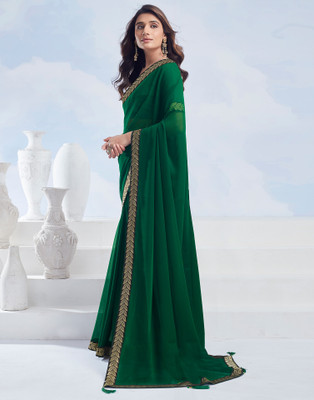 HouseOfCommon Solid/Plain, Woven Bollywood Georgette Saree(Dark Green)