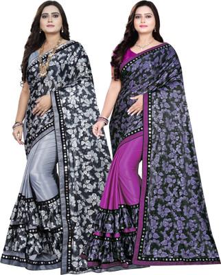 Freydis Floral Print Bollywood Lycra Blend Saree(Pack of 2, Purple, Grey)