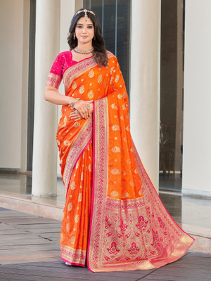Sariya Woven Banarasi Satin, Jacquard Saree(Orange)