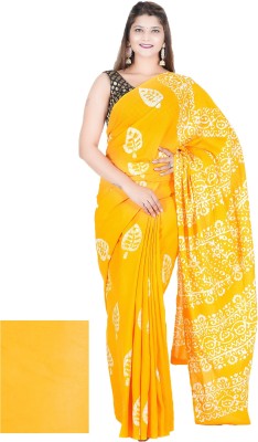 RAMNATHS Printed, Blocked Printed, Floral Print Ikkat Pure Cotton Saree(Yellow)