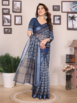 Soor Panchi Digital Print Paithani Cotton Linen Saree(Blue)