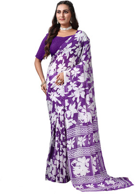 nirmal creation Printed Handloom Cotton Silk Saree(Purple)