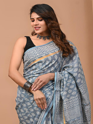Taavi Blocked Printed Daily Wear Cotton Blend Saree(Grey)
