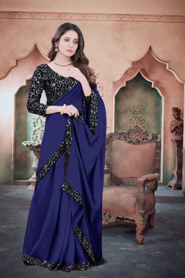 Heyinz Clothing Solid/Plain Bollywood Georgette Saree(Pack of 2, Dark Blue)