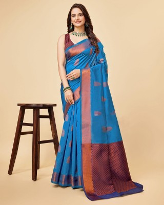 Damru trendz Woven Banarasi Cotton Silk Saree(Blue, Maroon)