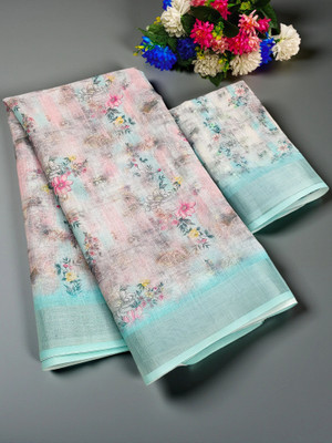 Myraani Floral Print Daily Wear Cotton Linen Saree(Light Blue)