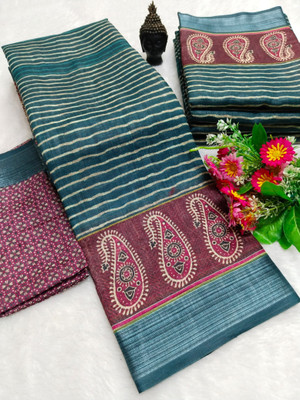 PRTRENDZ Woven Kanjivaram Pure Cotton, Cotton Linen Saree(Blue, Maroon)