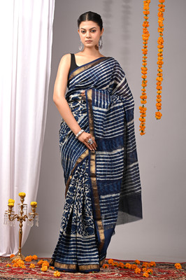 Taavi Blocked Printed Daily Wear Cotton Blend Saree(Blue)
