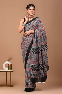 Printed Threads Printed Daily Wear Pure Cotton Saree(Black)