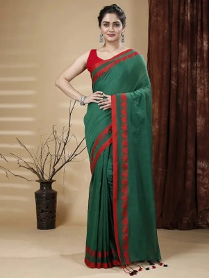 makalitraders Solid/Plain Handloom Cotton Blend Saree(White)