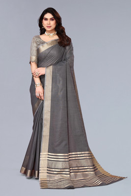 BFM Solid/Plain, Woven, Self Design Saree with Attached Blouse Linen Saree(Grey)
