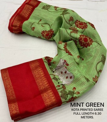 Dhanlaxmi CreationLLP Printed, Woven, Temple Border Kota Doria Cotton Blend Saree(Light Green)