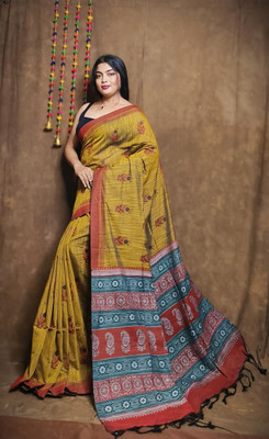 NAMITASAREES Printed Handloom Pure Cotton Saree(Yellow)