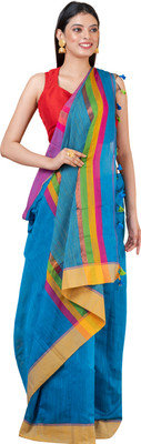 Durga Handlooms Solid/Plain Handloom Cotton Linen Saree(Green)