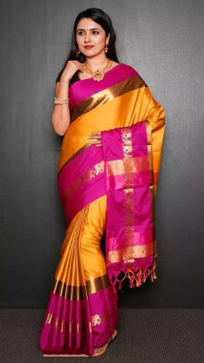 Mortal Textile Printed Handloom Cotton Silk Saree(Cream)