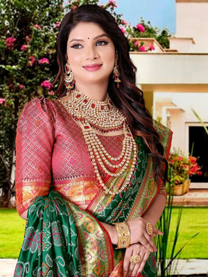 LAVYANSH CREATION Printed Patola Silk Blend Saree(Green)