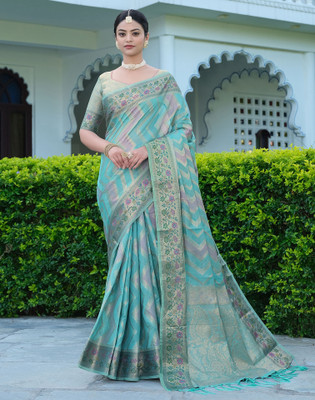 Satrani Woven, Embellished, Self Design Ikkat Organza, Jacquard Saree(Blue, Multicolor)