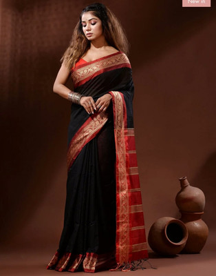 matri textile Color Block Handloom Cotton Silk Saree(Black, Red)