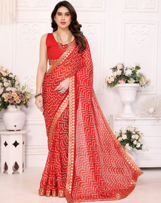 Divastri Solid/Plain Bollywood Georgette, Lace Saree(Red)