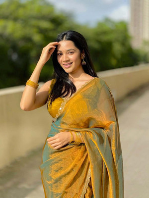 DEBRIS FAB Solid/Plain Bollywood Organza Saree(Mustard)