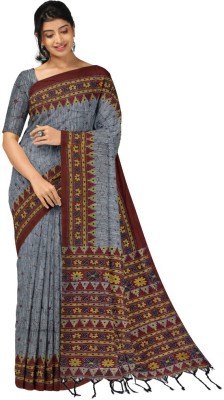 Joyguru Textile Printed Sambalpuri Cotton Blend Saree(Grey)