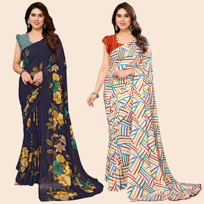 Anand Sarees Printed Daily Wear Georgette Saree(Pack of 2, Dark Blue, Multicolor)