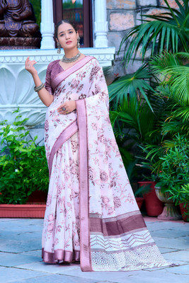 erika Printed Daily Wear Cotton Linen Saree(White)