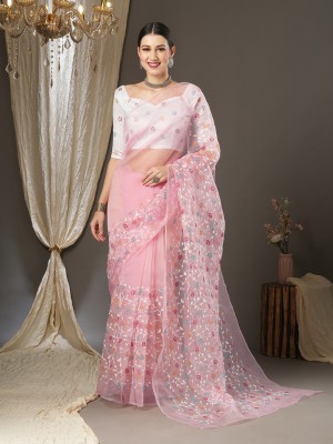 Divastri Embroidered Jamdani Cotton Blend Saree(Pink)