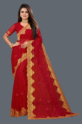 KHRITI FAB Embroidered, Floral Print Bollywood Net Saree(Red)