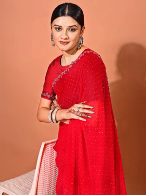 Leelavati Embellished Bollywood Chiffon Saree(Red)